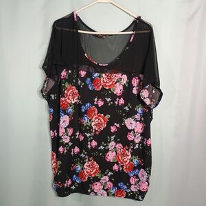 Women’s Black Floral Tunic Top – Sheer Mesh Yoke Short Sleeve Blouse